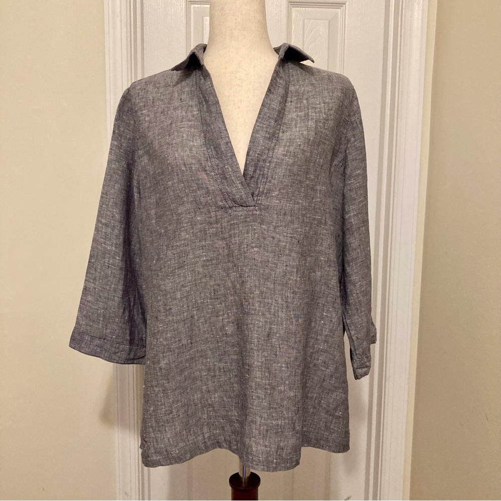 Tahari Blue Linen Tunic Shirt